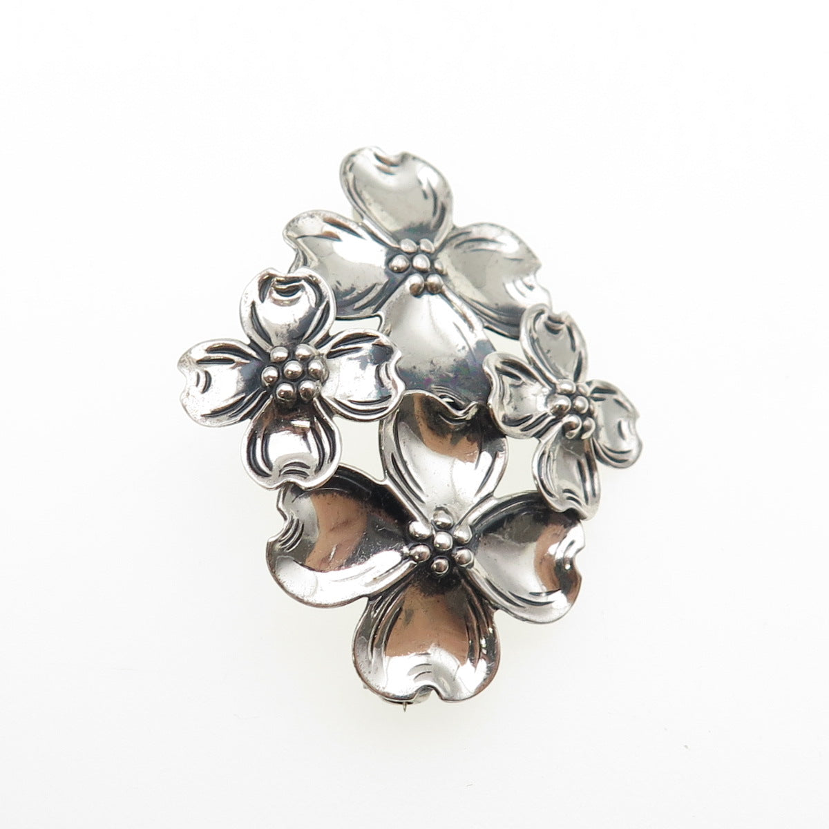 BEAU 925 Sterling Silver Vintage Dogwood Flower Oxidized Pin Brooch