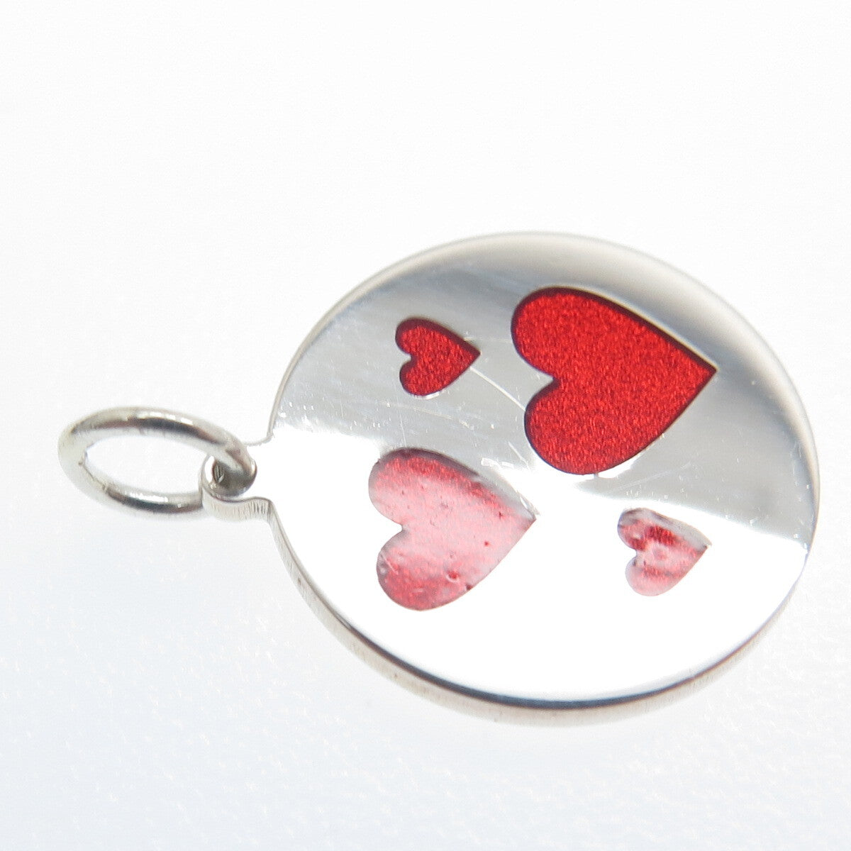 925 Sterling Silver Red Enamel Family Hearts Round Tag Minimalist Charm Pendant