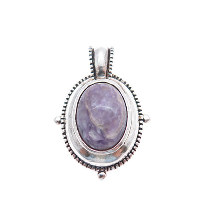 925 Sterling Silver Vintage Real Charoite Oxidized Charm Pendant