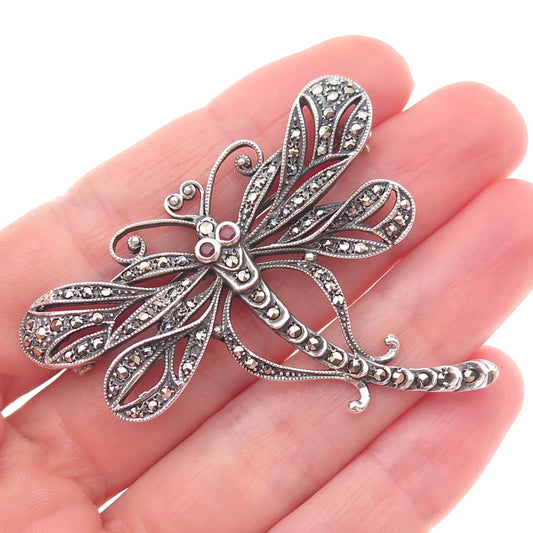 925 Sterling Vintage Real Ruby Marcasite Dragonfly Pin Brooch (missing 1 stone)