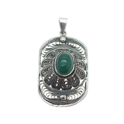 800 Silver Vintage Real Green Onyx Filigree Oxidized Pendant