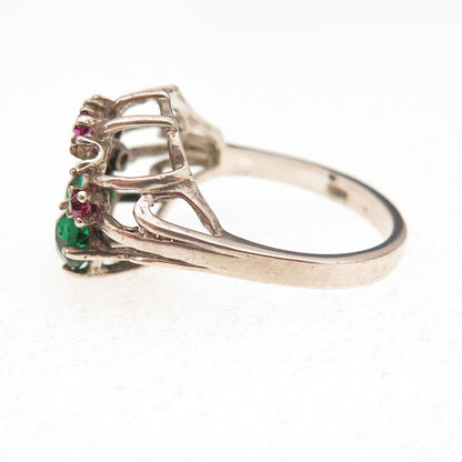 925 Sterling Vintage Green & Pink Rhinestone Ring Size 6.5 (missing 1 stone)