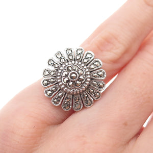 925 Sterling Silver Antique Art Deco Real Marcasite Floral Ring Size 3.25