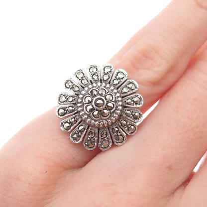 925 Sterling Silver Antique Art Deco Real Marcasite Floral Ring Size 3.25