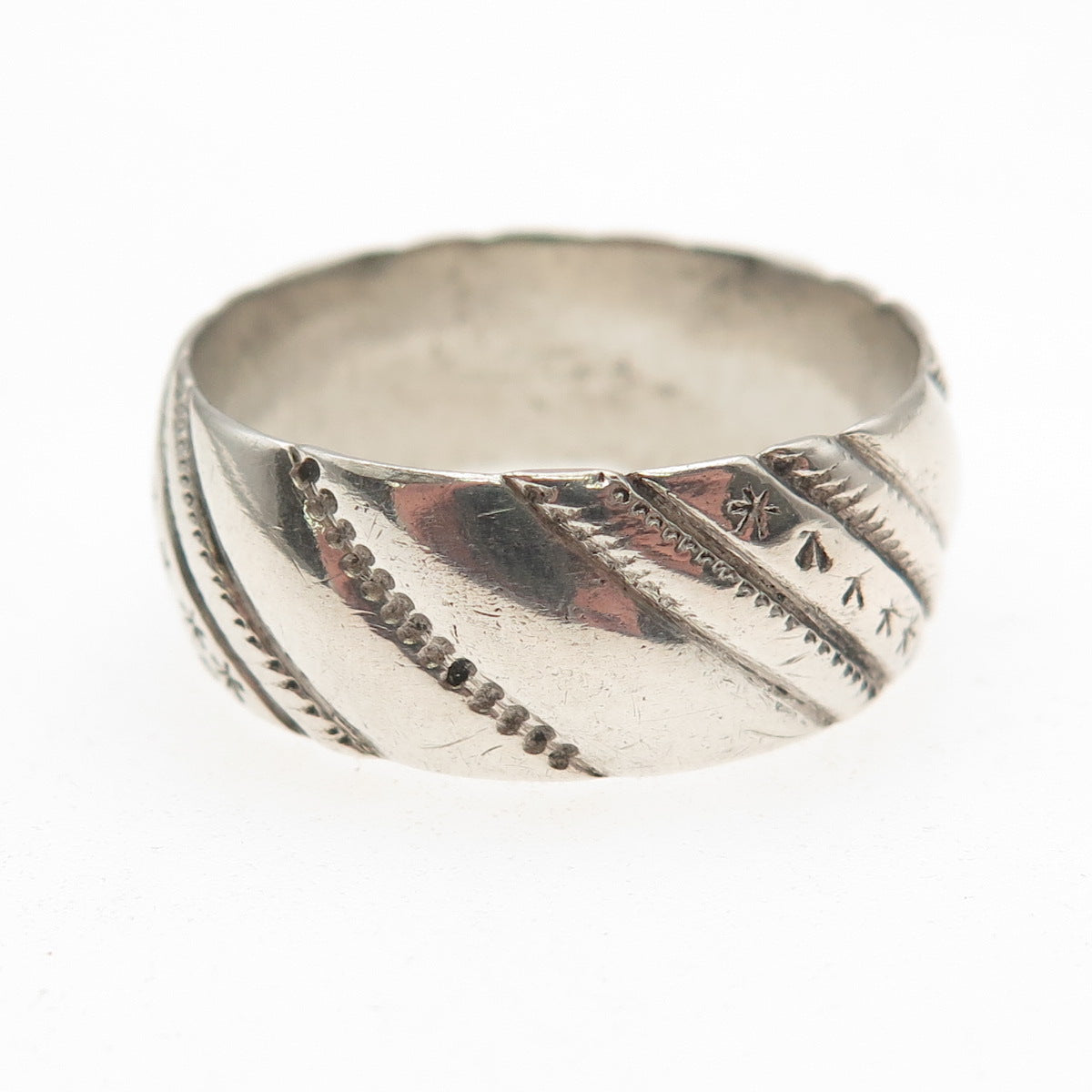925 Sterling Silver Vintage Modernist Ribbed Oxidized Band Ring Size 13.5