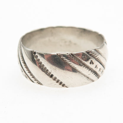 925 Sterling Silver Vintage Modernist Ribbed Oxidized Band Ring Size 13.5