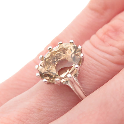 925 Sterling Silver Vintage Real Oval-Cut Smoky Quartz Ring Size 6.25