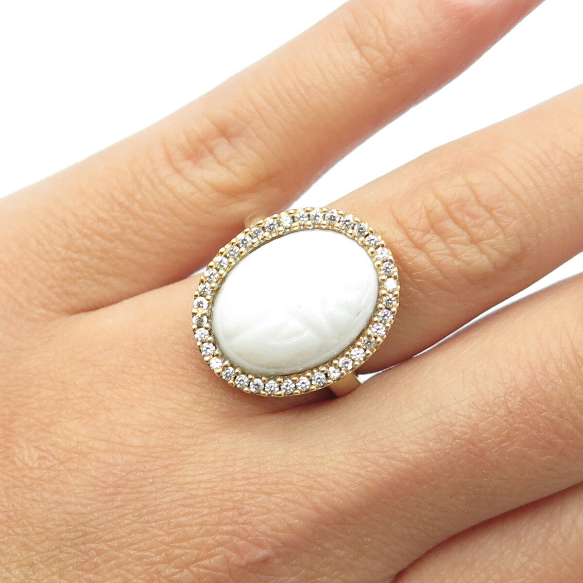 925 Sterling Silver Gold Plated Pave C Z & White Ceramic Ring Size 7.25