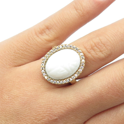 925 Sterling Silver Gold Plated Pave C Z & White Ceramic Ring Size 7.25