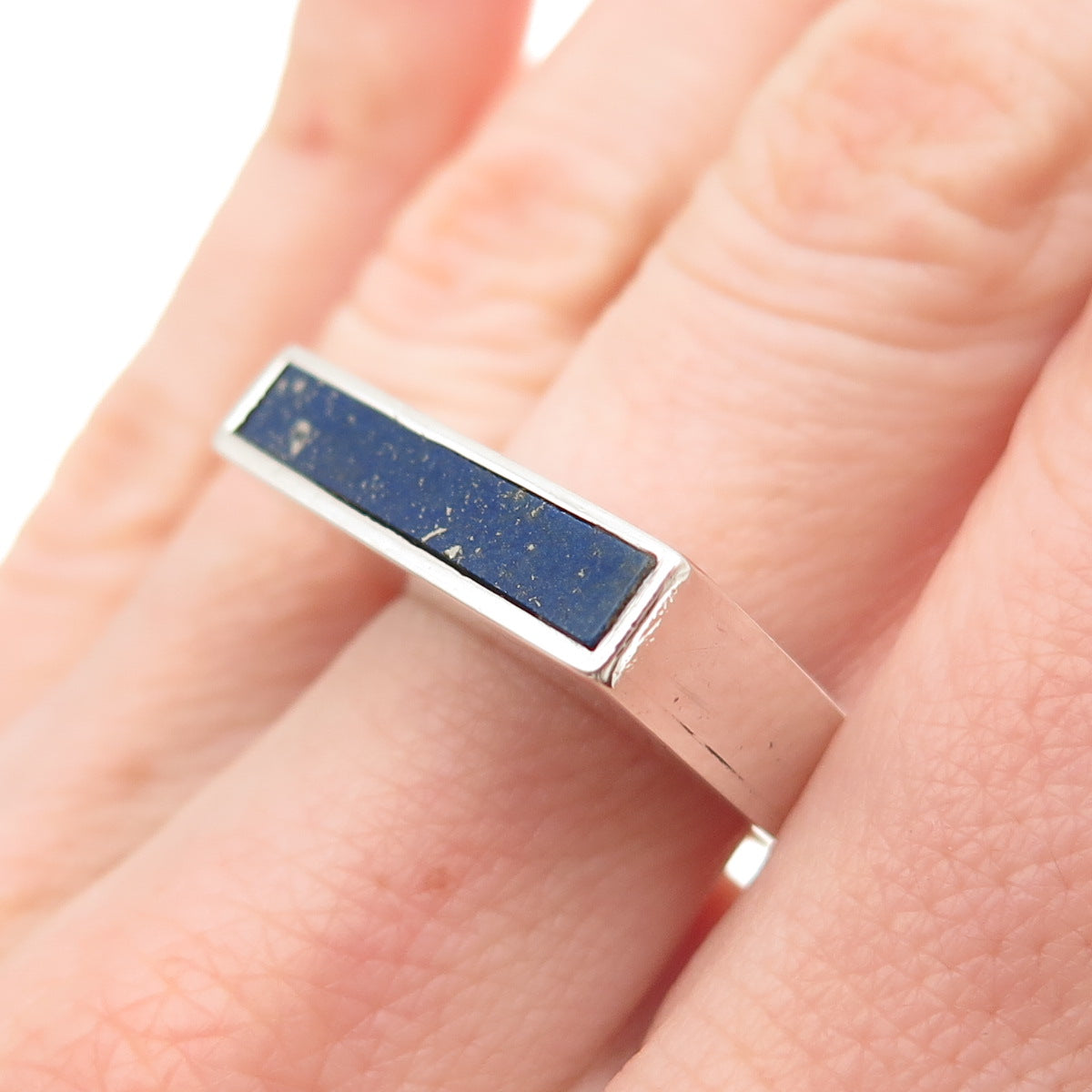 950 Silver Vintage Real Lapis Lazuli Modernist Bar Ring Size 7