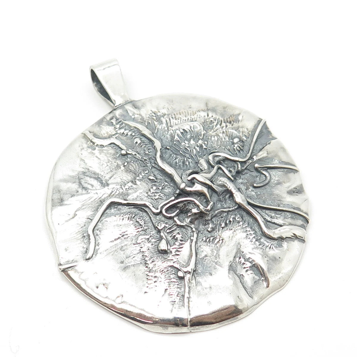 925 Sterling Silver Vintage Brutalist Modernist Large Round Pendant