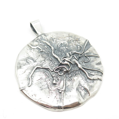 925 Sterling Silver Vintage Brutalist Modernist Large Round Pendant
