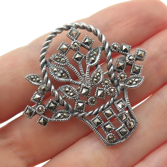 925 Sterling Silver Vintage Real Marcasite Flower Basket Oxidized Pin Brooch