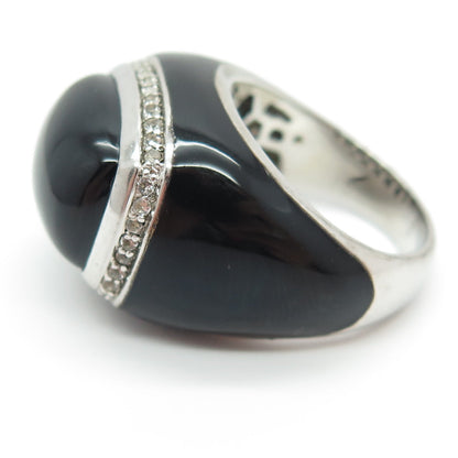 925 Sterling Silver Enamel Real Black Onyx & White Topaz Ring Size 7.25
