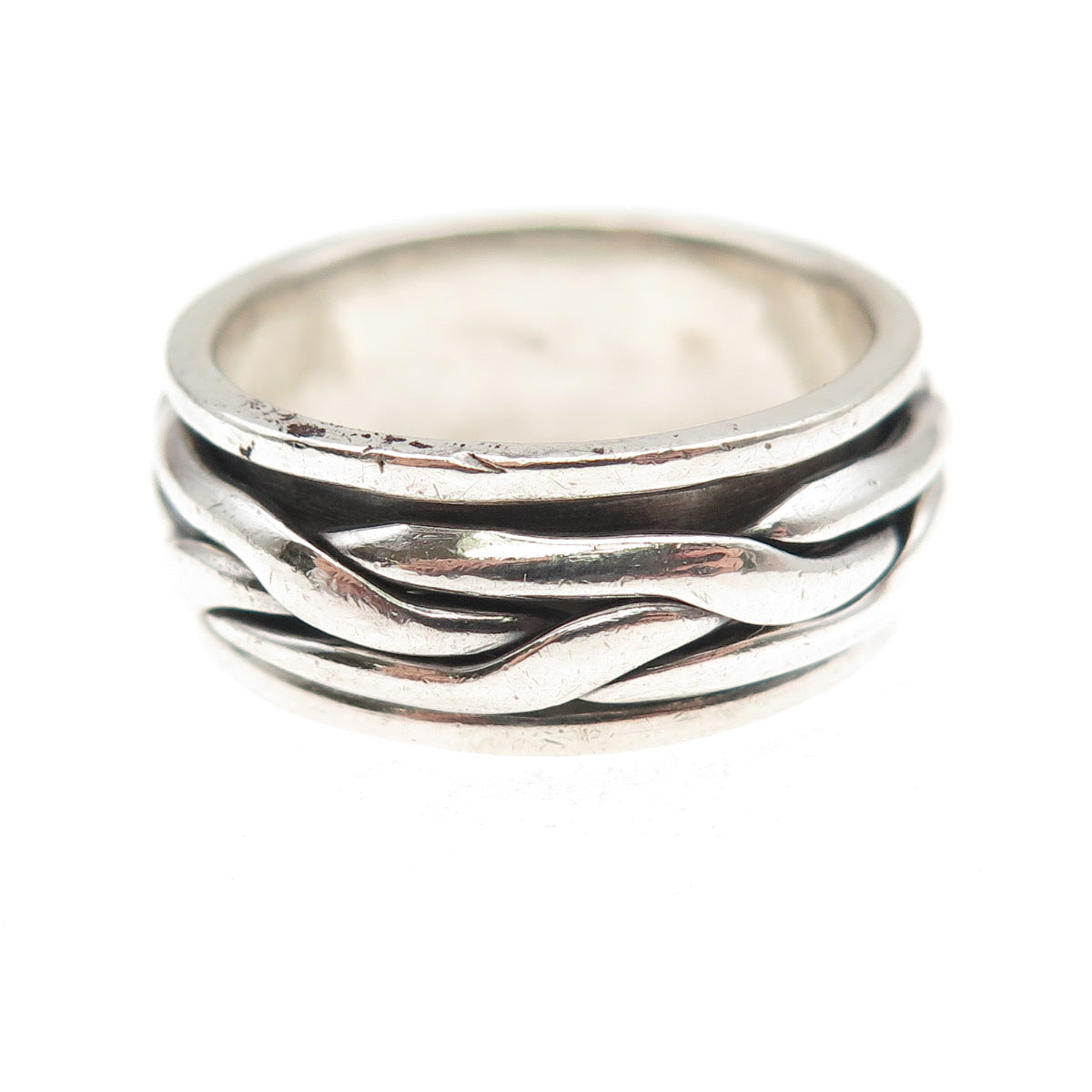 925 Sterling Silver Vintage Woven Oxidized Rotating Band Ring Size 7.5