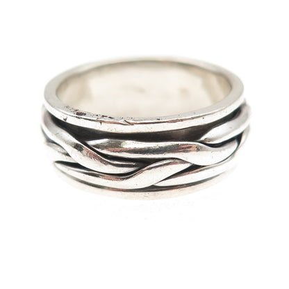 925 Sterling Silver Vintage Woven Oxidized Rotating Band Ring Size 7.5