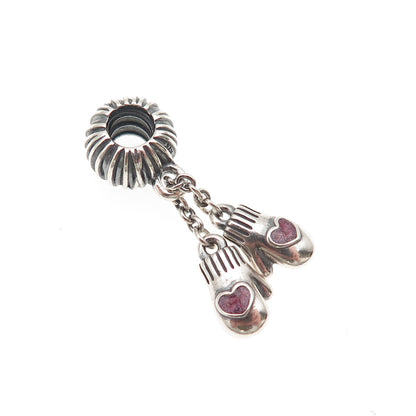 PANDORA 925 Sterling Silver Enamel Heart Winter Mittens Dangle Charm