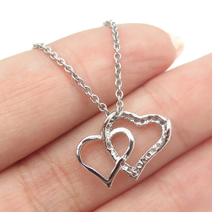 925 Sterling Silver Italy Round-Cut C Z Double Heart Cable Chain Necklace 16"