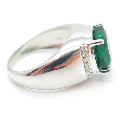 925 Sterling Silver Real Round-Cut Diamond & Synthetic Emerald Ring Size 6