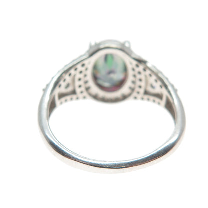 925 Sterling Silver Real Oval-Cut Mystic Quartz & C Z Cluster Ring Size 7.25