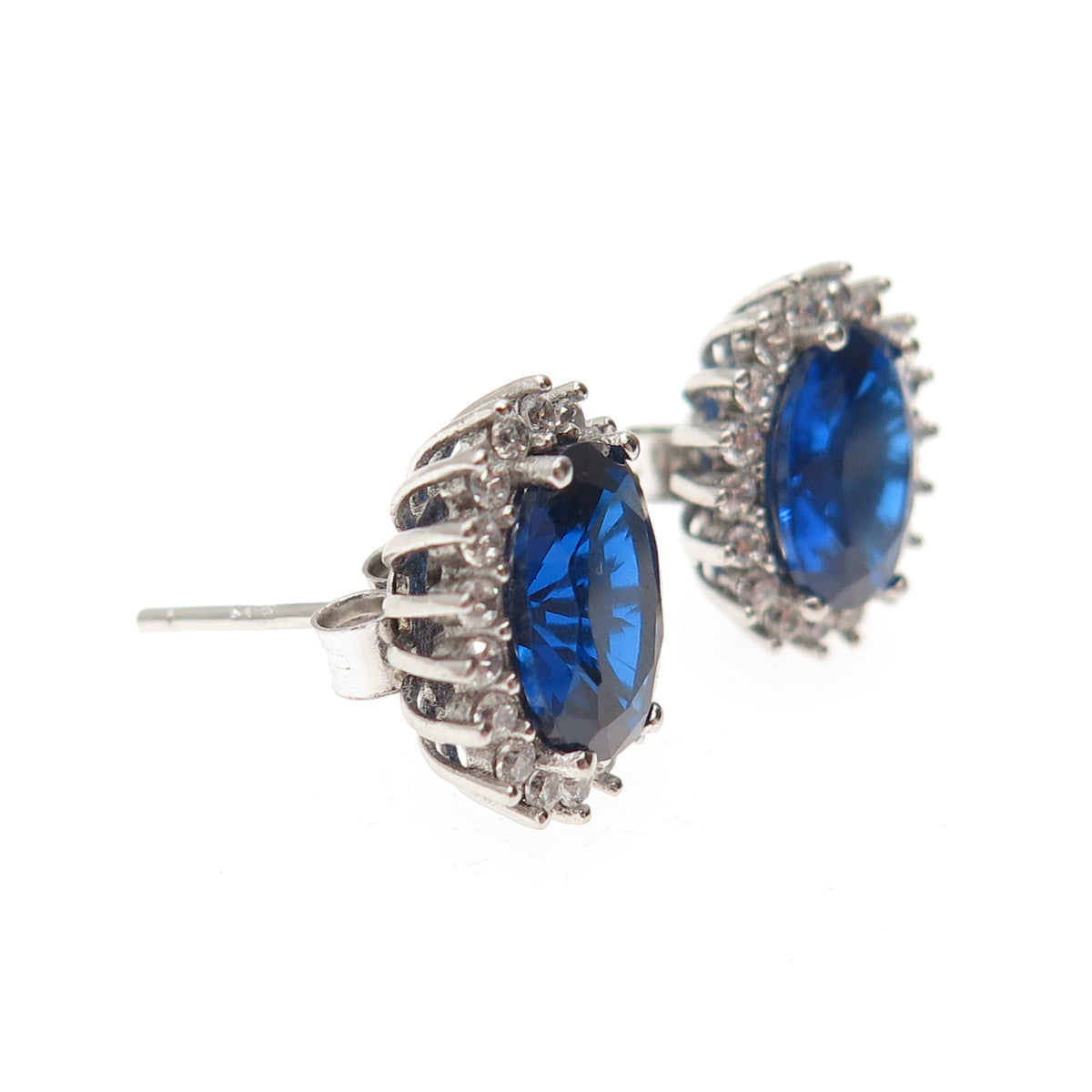 925 Sterling Silver Oval-Cut Blue & Round-Cut White C Z Stud Earrings
