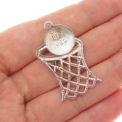 925 Sterling Silver Vintage Basketball Hoop & Ball Charm Pendant