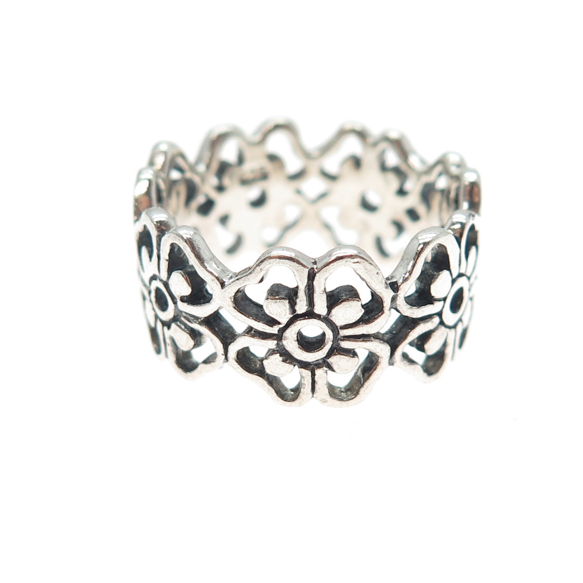 925 Sterling Silver Vintage Flower Blossom Oxidized Band Ring Size 8.25