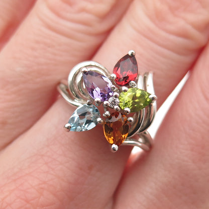 925 Sterling Vintage Real Topaz Garnet Citrine Peridot & Amethyst Ring Size 7.25
