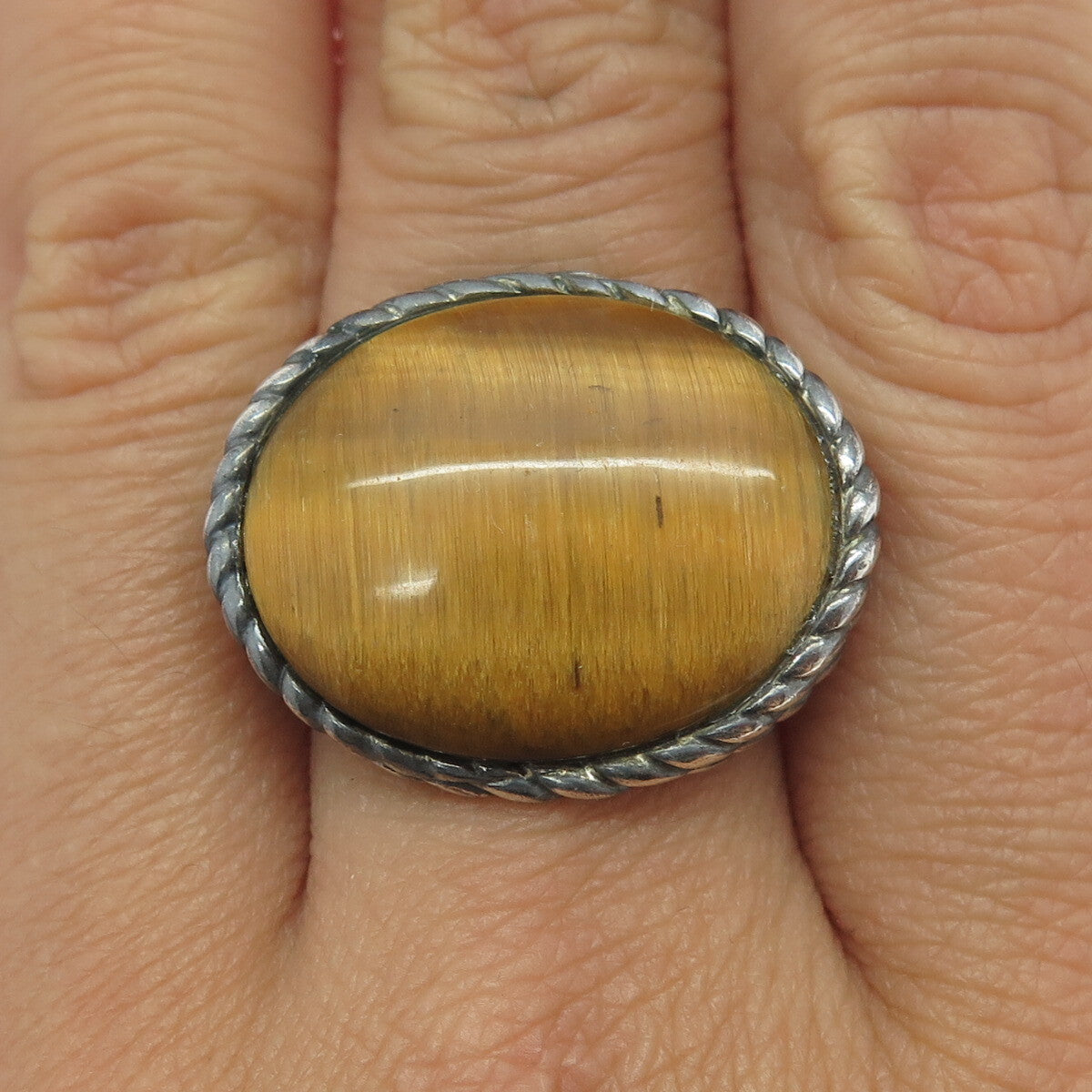 925 Sterling Silver Vintage Real Tiger Eye Modernist Roped Ring Size 7