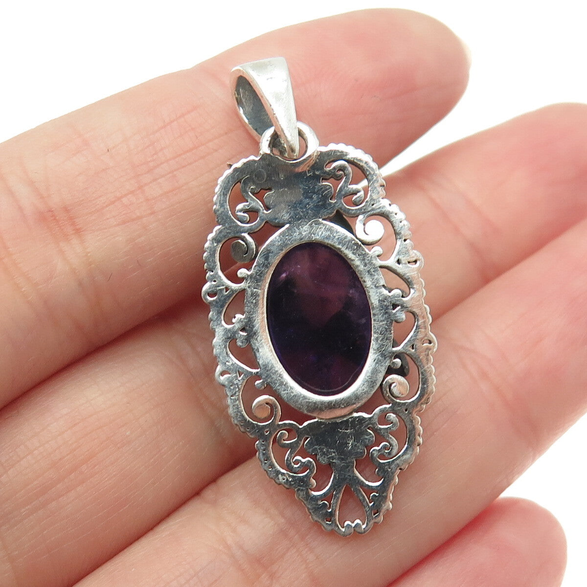 925 Sterling Silver Vintage Real Amethyst Dragonfly Oxidized Pendant