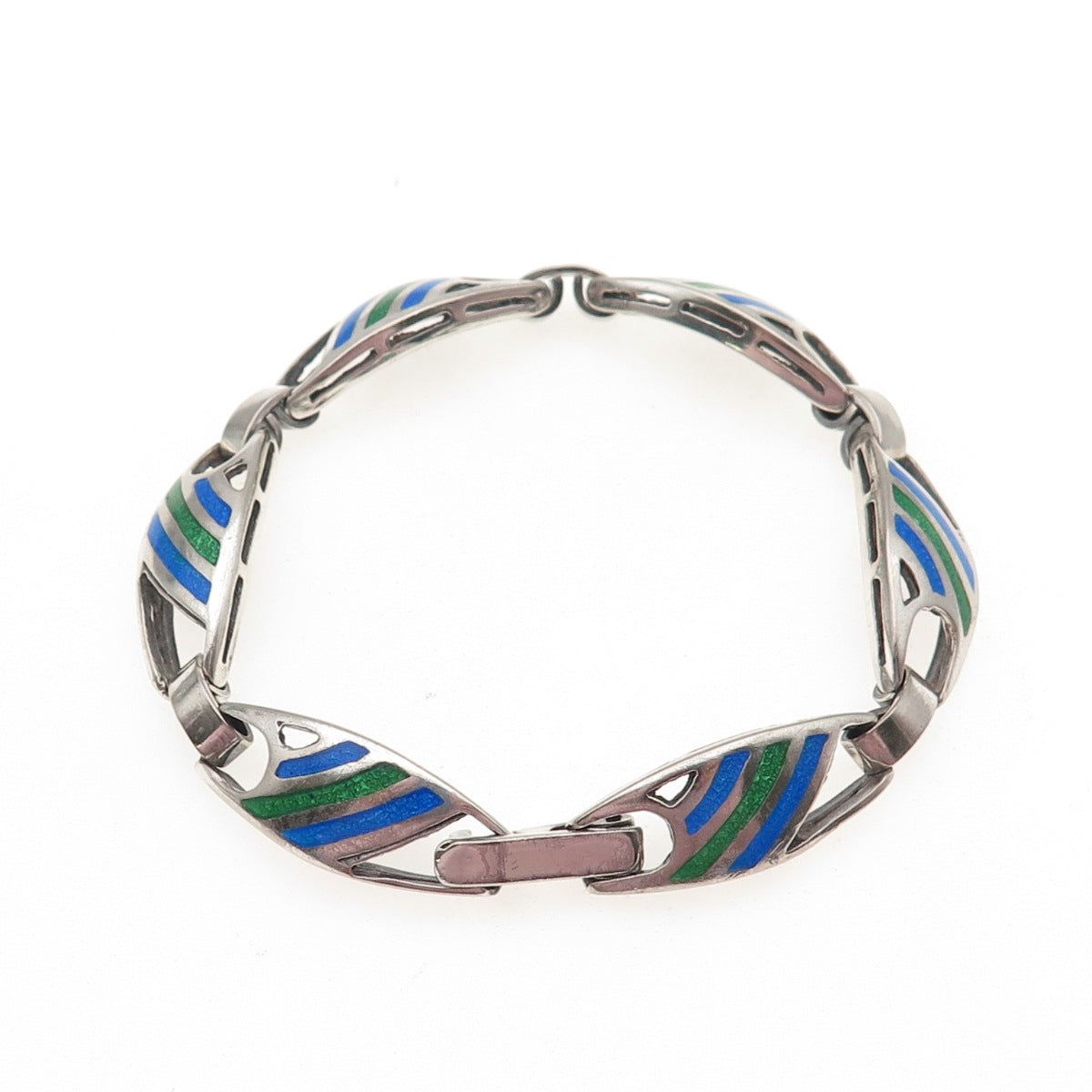 925 Sterling Silver Vintage Italy Enamel Modernist Panel Link Bracelet 7.25"