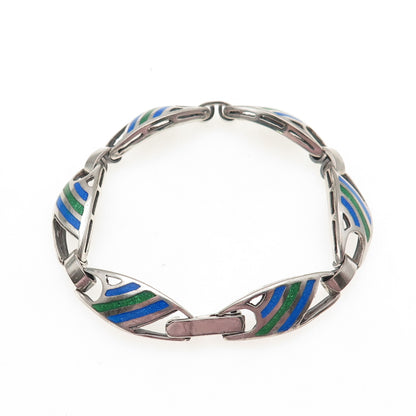 925 Sterling Silver Vintage Italy Enamel Modernist Panel Link Bracelet 7.25"