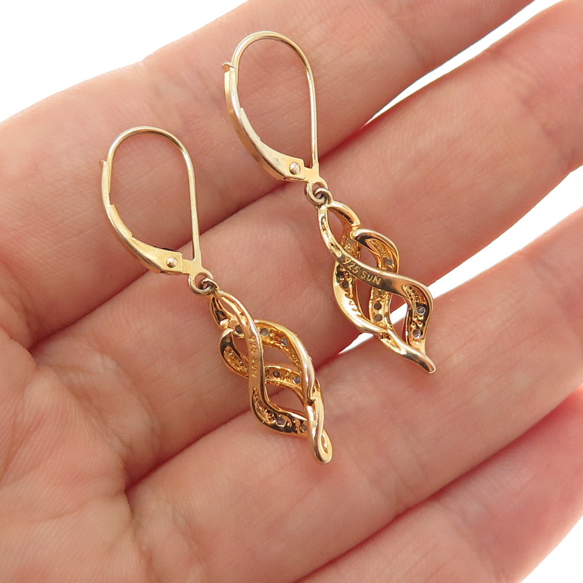 SUN 925 Sterling Silver Gold Plated Real Diamond Twisted Dangle Earrings