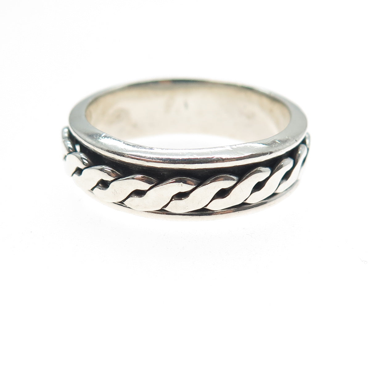 925 Sterling Silver Vintage Woven Oxidized Rotating Band Ring Size 13.25