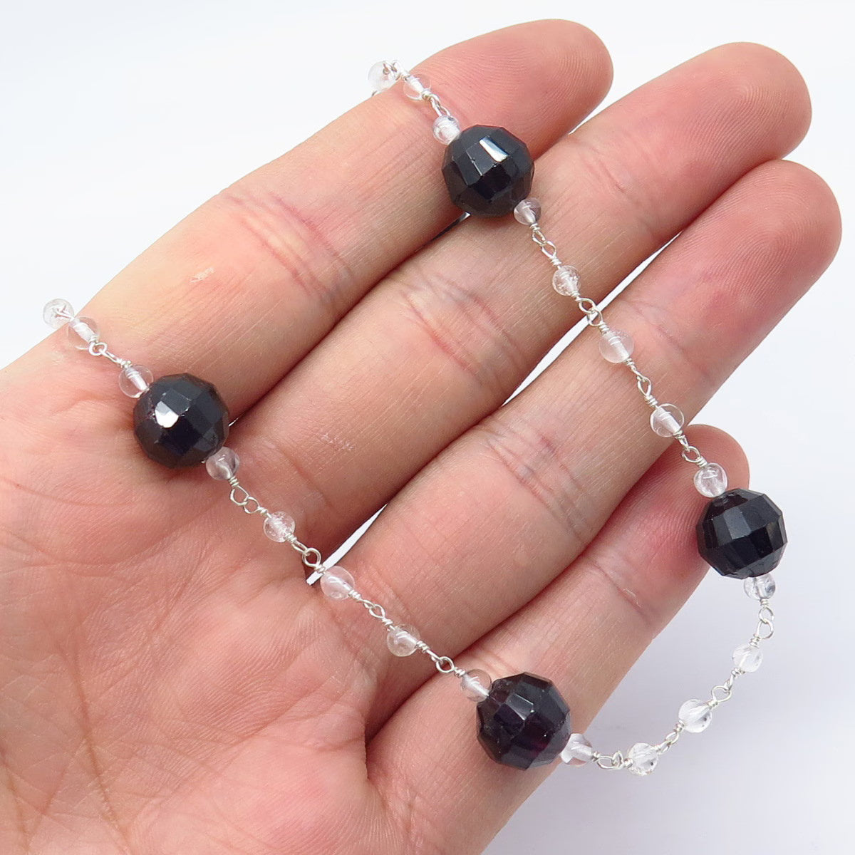 925 Sterling Silver Vintage Red Garnet & Clear Quartz Ball Chain Necklace 16"