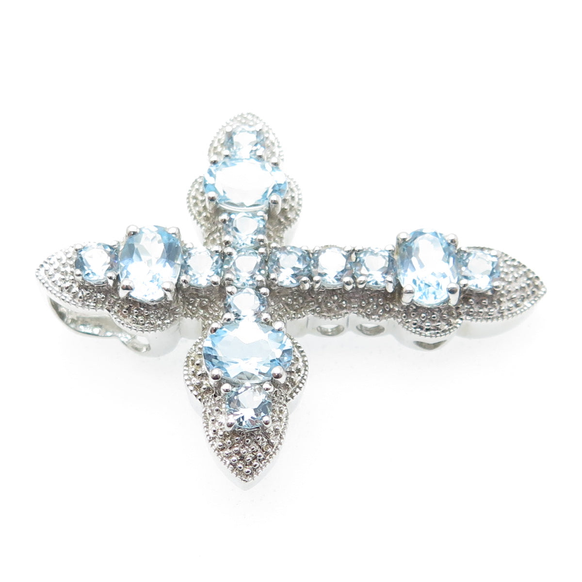 925 Sterling Silver Real Blue Topaz Gemstone Cross Slide Pendant