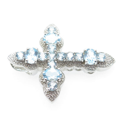 925 Sterling Silver Real Blue Topaz Gemstone Cross Slide Pendant