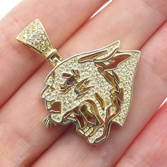 925 Sterling Silver Gold Plated Real Round-Cut Ruby & C Z Panther Pendant