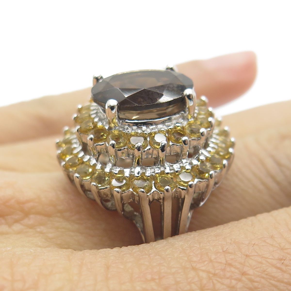 925 Sterling Silver Real Oval-Cut Smoky Quartz & Citrine Ring Size 7.5