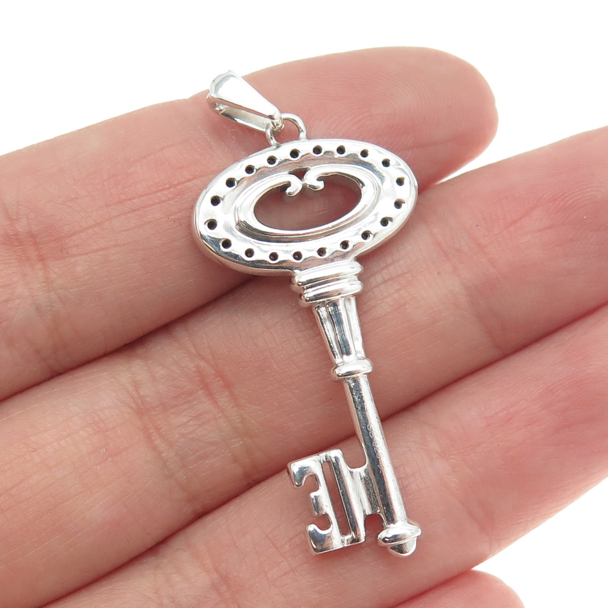 925 Sterling Silver Real White Diamond Key Pendant