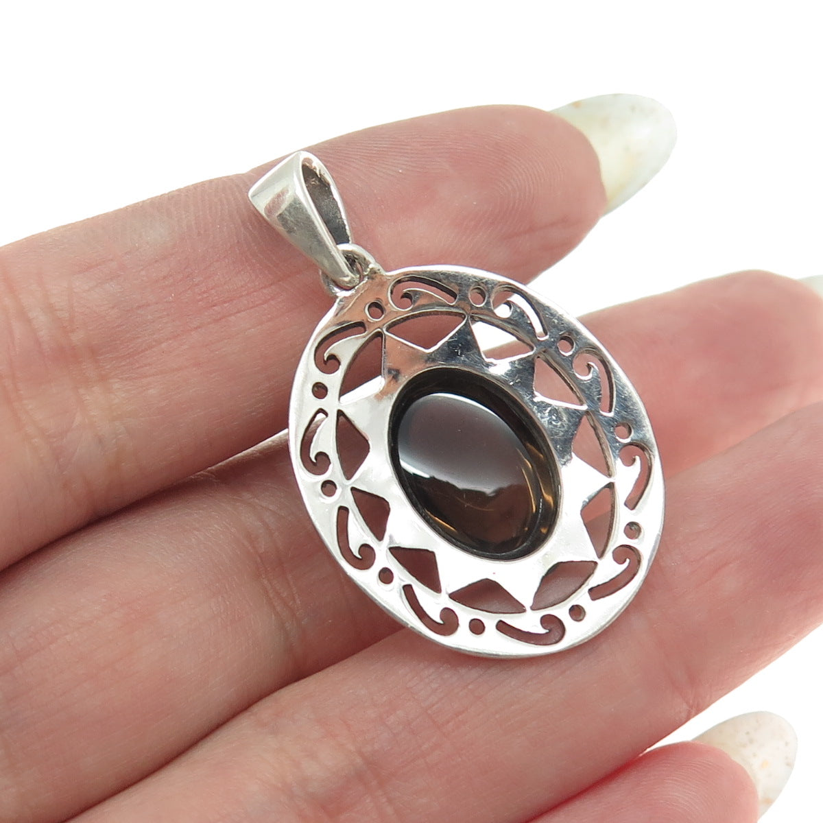 925 Sterling Silver Vintage Real Oval-Cut Smoky Quartz Sun Pendant