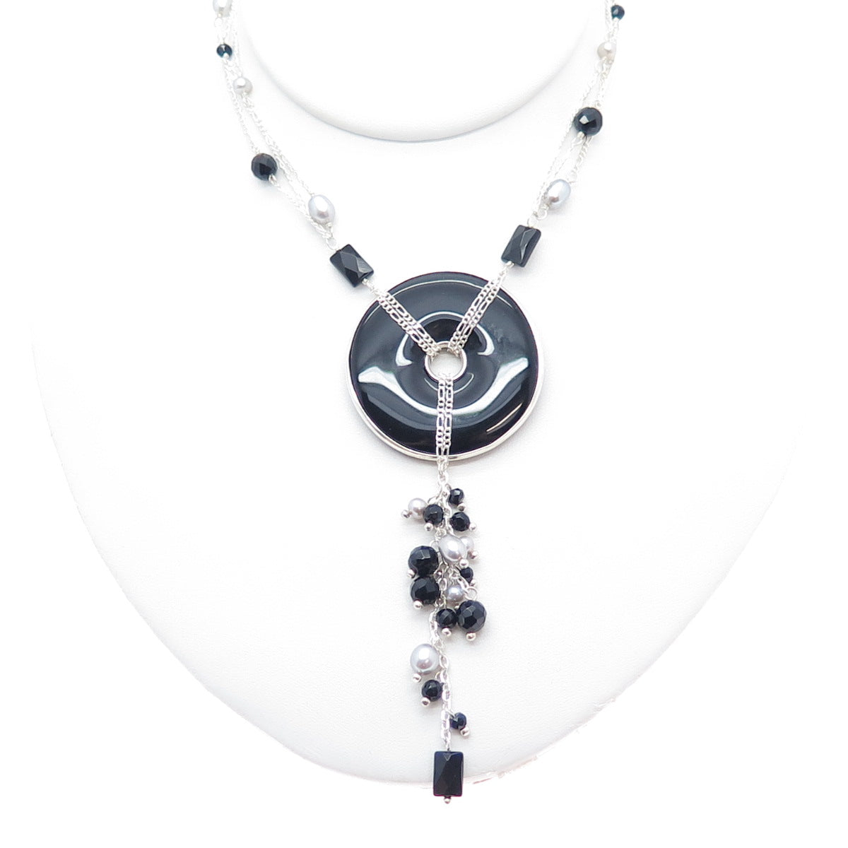 LUCAS LAMETH LUC 925 Sterling Silver Vintage Black Onyx & Pearl Necklace 22-24"