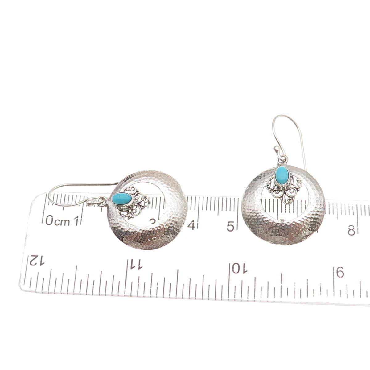925 Sterling Silver Vintage Real Turquoise Crescent Hammered Dangle Earrings