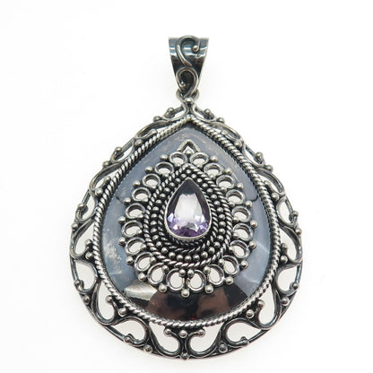 925 Sterling Silver Vintage Real Amethyst Gemstone Boho / Ethnic Pendant