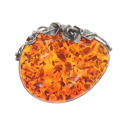 925 Sterling Silver Vintage DC Poland Real Amber Rose Flower Modernist Brooch