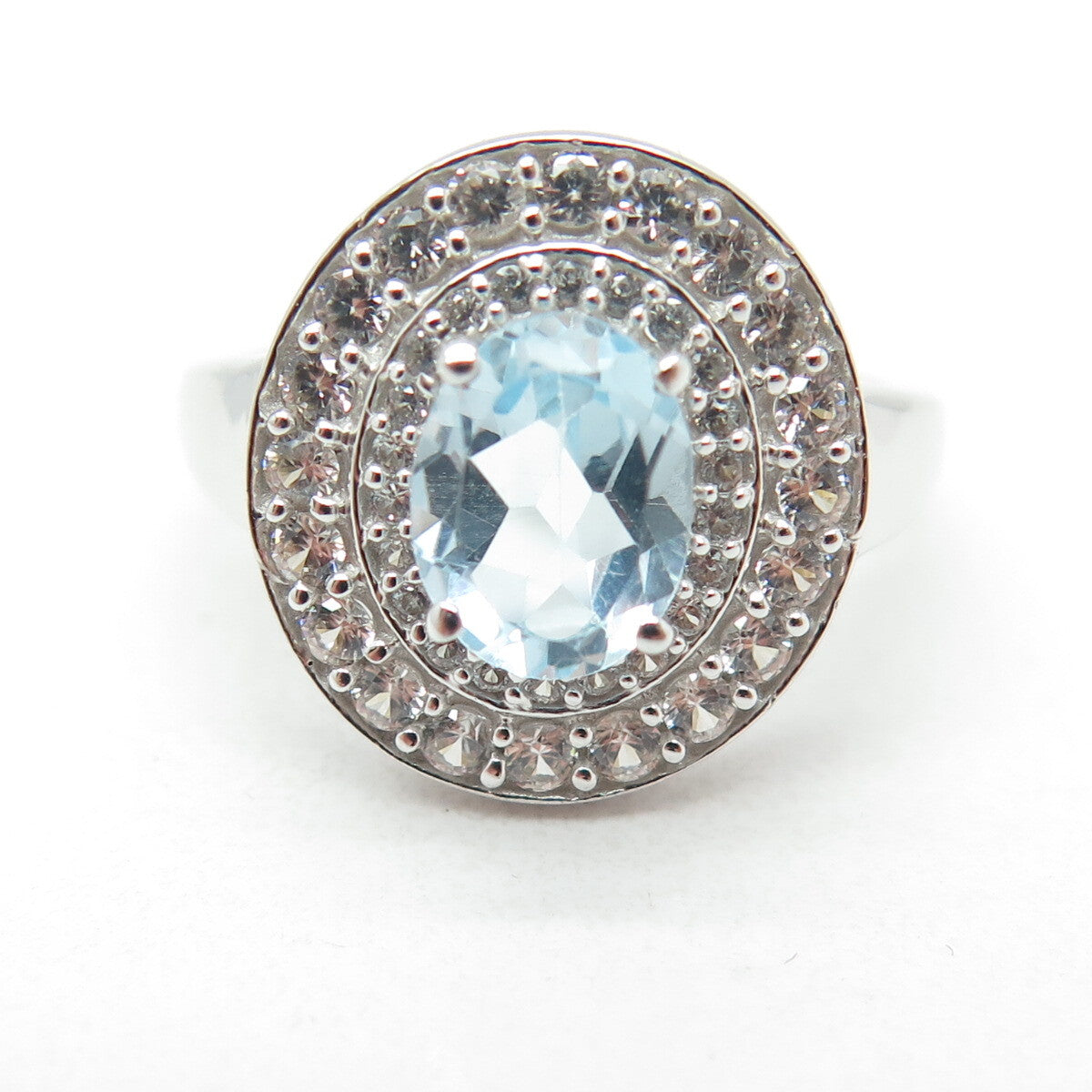 DSMK 925 Sterling Silver Real Oval & Round-Cut Blue White Topaz Ring Size 6.5