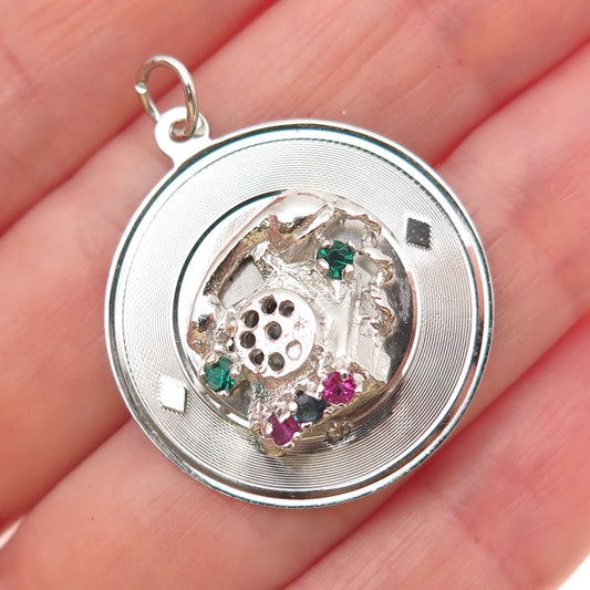 925 Sterling Silver Vintage Multi-Color Rhinestone Retro Phone Charm Pendant