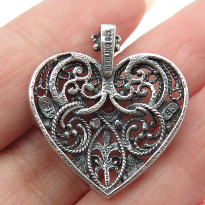 FRANKLIN MINT 925 Sterling Silver Vintage Ruby Gem Heart Ornate Oxidized Pendant