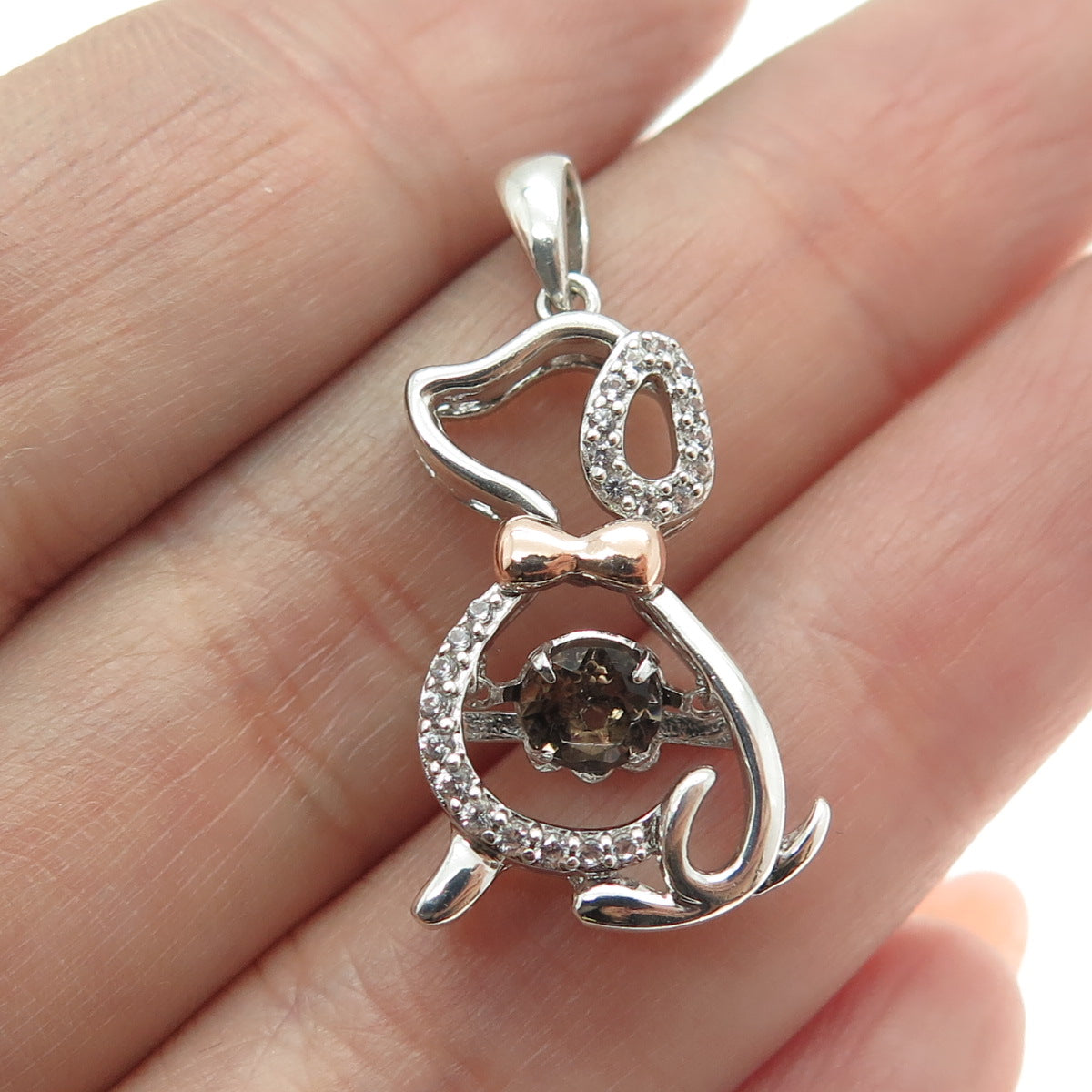 10K Rose Gold 925 Sterling Silver Real White Topaz & Smoky Quartz Dog Pendant