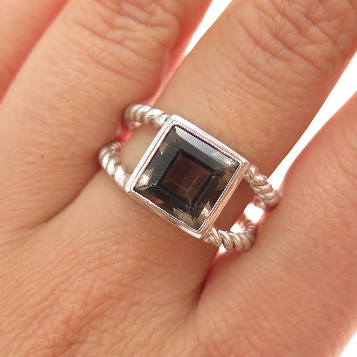 IROSE 925 Sterling Silver Vintage Real Smoky Quartz 2-Row Ring Size 9